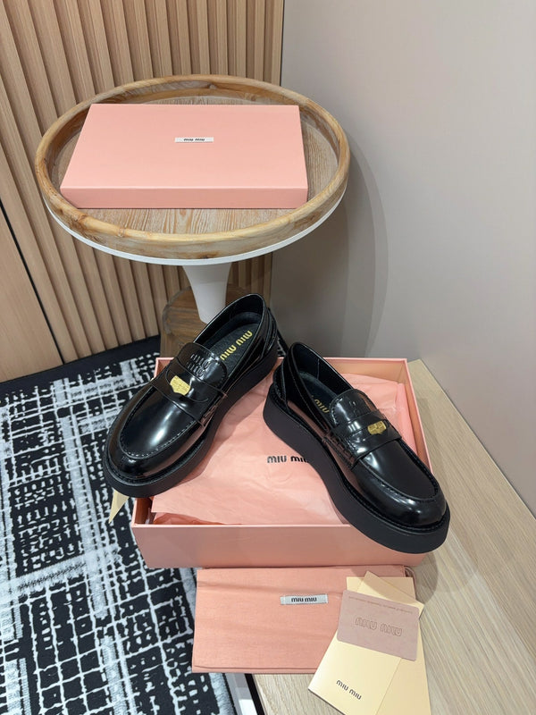 Miu Loafers Coin Shaped Thick Sole Glossy Black Cowhide
