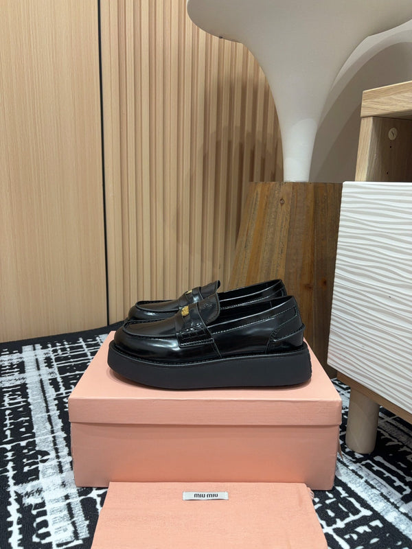 Miu Loafers Coin Shaped Thick Sole Glossy Black Cowhide
