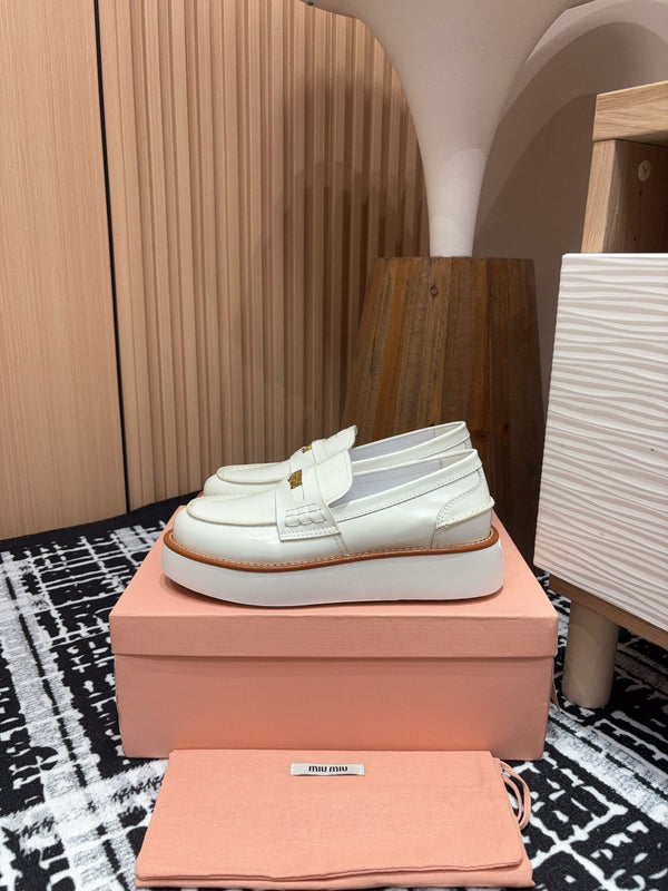 Miu Loafers Coin Shaped Thick Sole White With Brown Border Cowhide