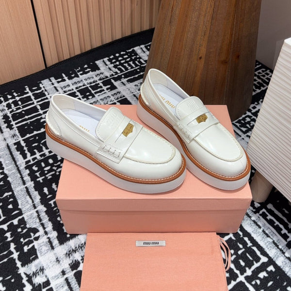 Miu Loafers Coin Shaped Thick Sole White With Brown Border Cowhide