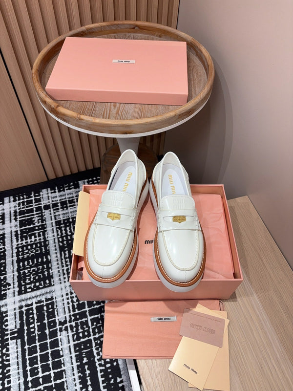 Miu Loafers Coin Shaped Thick Sole White With Brown Border Cowhide