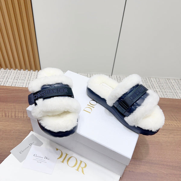 CD Dioriviera Dio(r)evolution Slide Deep Blue White Quilted Fleece Lining And Lambskin