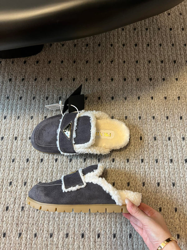 Pra Slippers Muted Gray Suede & Shearling 478564