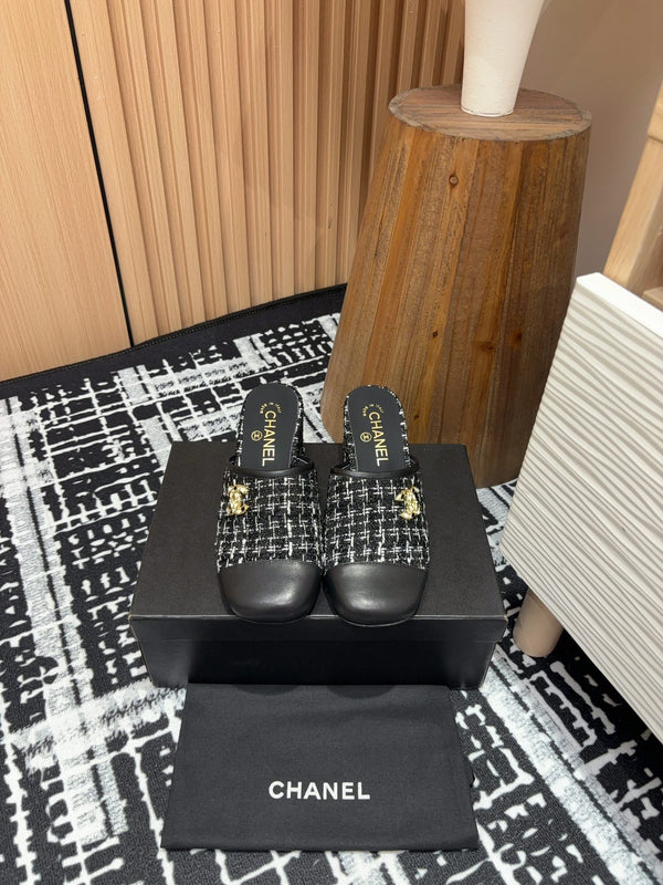 CC Mule 60mm in misto lana bianca e tweed nero e pelle di agnello