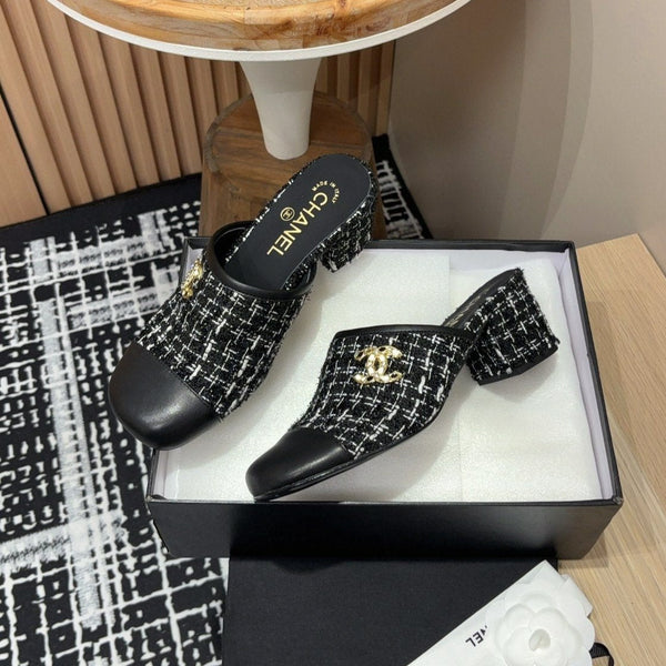 CC Mule 60mm in misto lana bianca e tweed nero e pelle di agnello