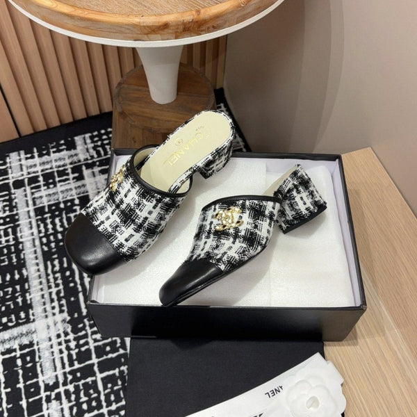 CC Mule 60mm in misto lana tweed bianco e nero e pelle di agnello