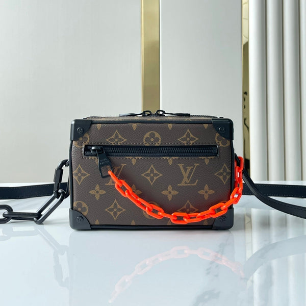 MINI SOFT TRUNK 18 IN TELA MONOGRAMMA MARRONE CATENA ROSSA ARANCIONE