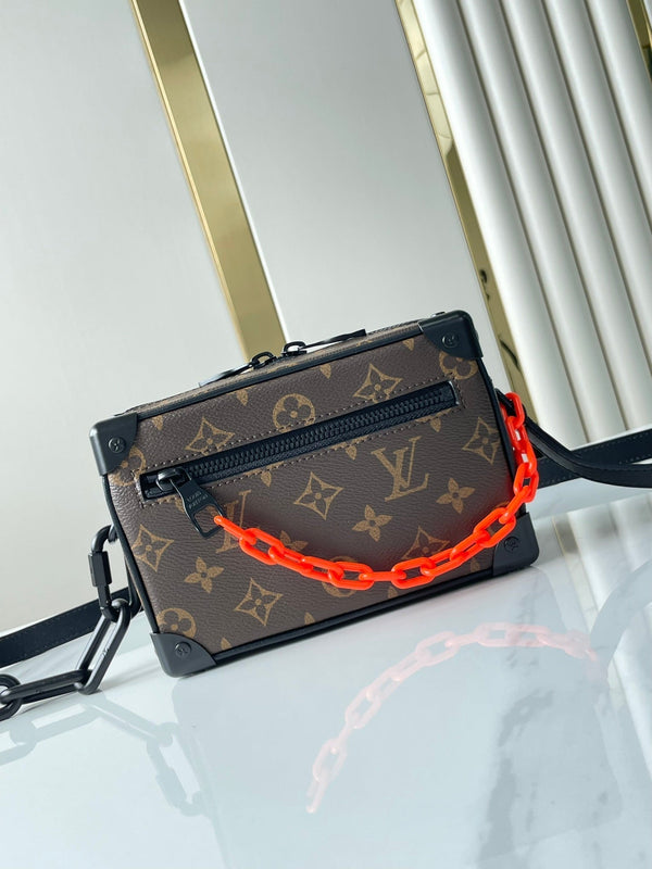 MINI SOFT TRUNK 18 IN TELA MONOGRAMMA MARRONE CATENA ROSSA ARANCIONE