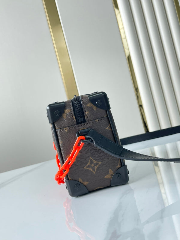 MINI SOFT TRUNK 18 IN TELA MONOGRAMMA MARRONE CATENA ROSSA ARANCIONE