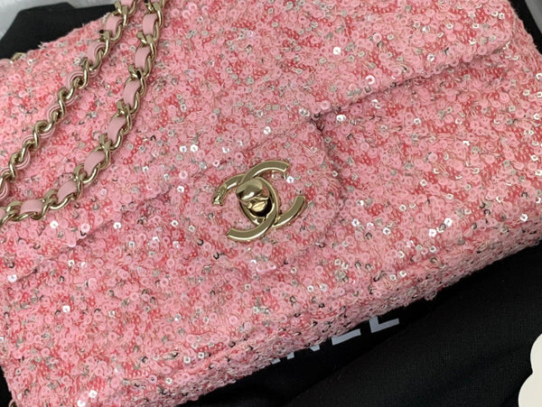 Borsa a patta 25C 20 cm in pelle di vitello con paillettes argento e pois rosa