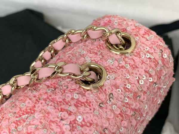 Borsa a patta 25C 20 cm in pelle di vitello con paillettes argento e pois rosa