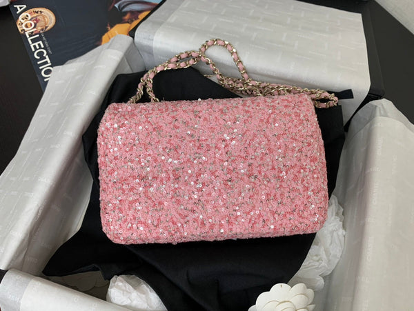 Borsa a patta 25C 20 cm in pelle di vitello con paillettes argento e pois rosa