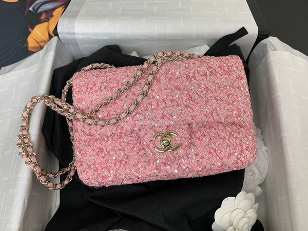 Borsa a patta 25C 20 cm in pelle di vitello con paillettes argento e pois rosa