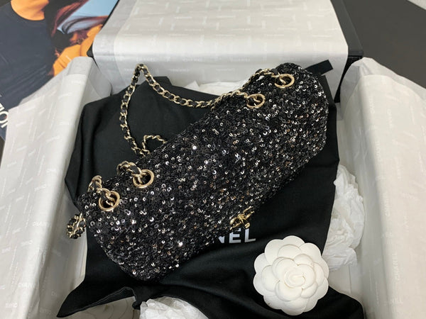 Borsa a patta 25C 20 cm in pelle di vitello con paillettes argento e pois neri