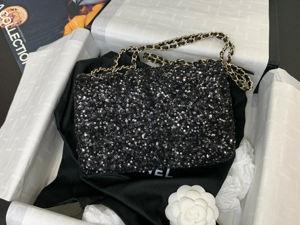 Borsa a patta 25C 20 cm in pelle di vitello con paillettes argento e pois neri