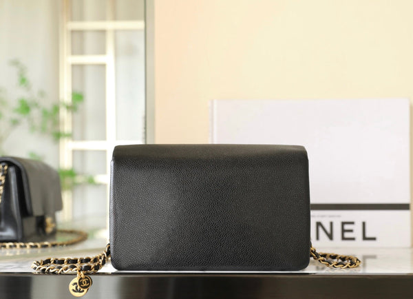 CC 24K Flap Bag 23cm Black Grained Calfskin Gold Hardware