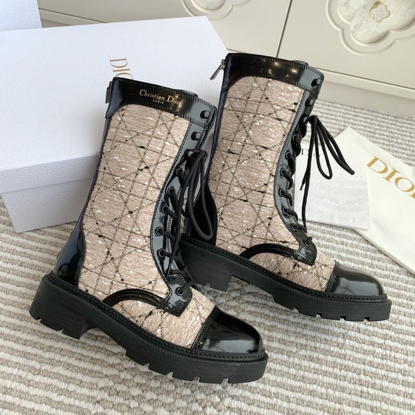 CD D-Unit Ankle Boot In Beige Mix Black Tweed Fabric And Glossy Cowhide 105088