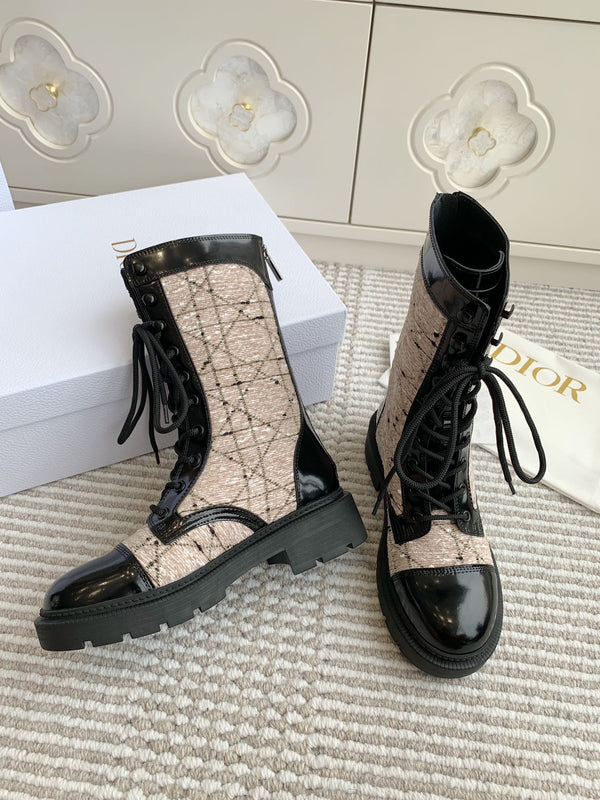 CD D-Unit Ankle Boot In Beige Mix Black Tweed Fabric And Glossy Cowhide 105088