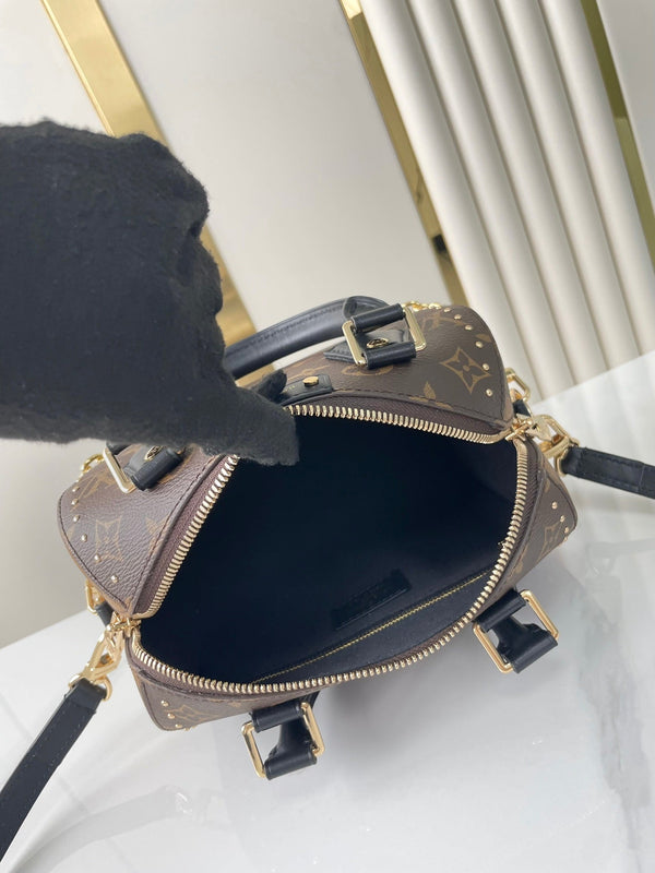 SPEEDY TRUNK 20 IN TELA MONOGRAM MARRONE E RIFINITURE IN PELLE DI VITELLO NERA, FIBBIA ORO