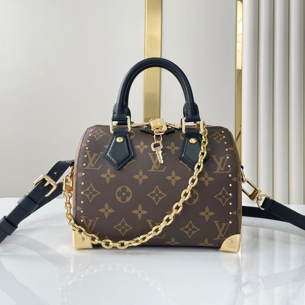 SPEEDY TRUNK 20 IN TELA MONOGRAM MARRONE E RIFINITURE IN PELLE DI VITELLO NERA, FIBBIA ORO