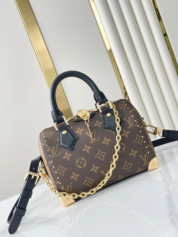 SPEEDY TRUNK 20 IN TELA MONOGRAM MARRONE E RIFINITURE IN PELLE DI VITELLO NERA, FIBBIA ORO