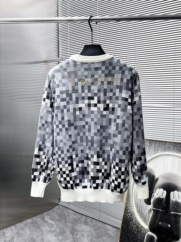 MAGLIA LV IN LANA GRIGIA, NERA E BIANCA CON MOTIVO DAMOFLAGE 238799