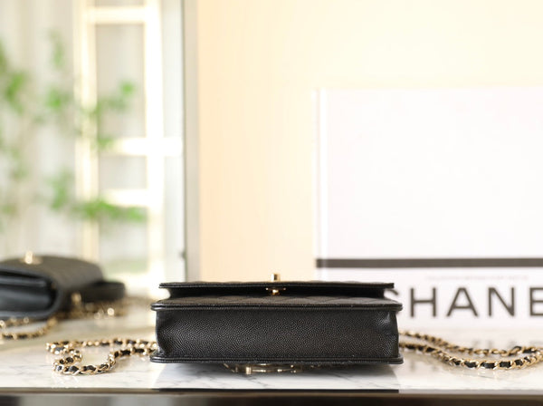 25C Flap Bag With Top Handle 18cm Black Grained Calfskin