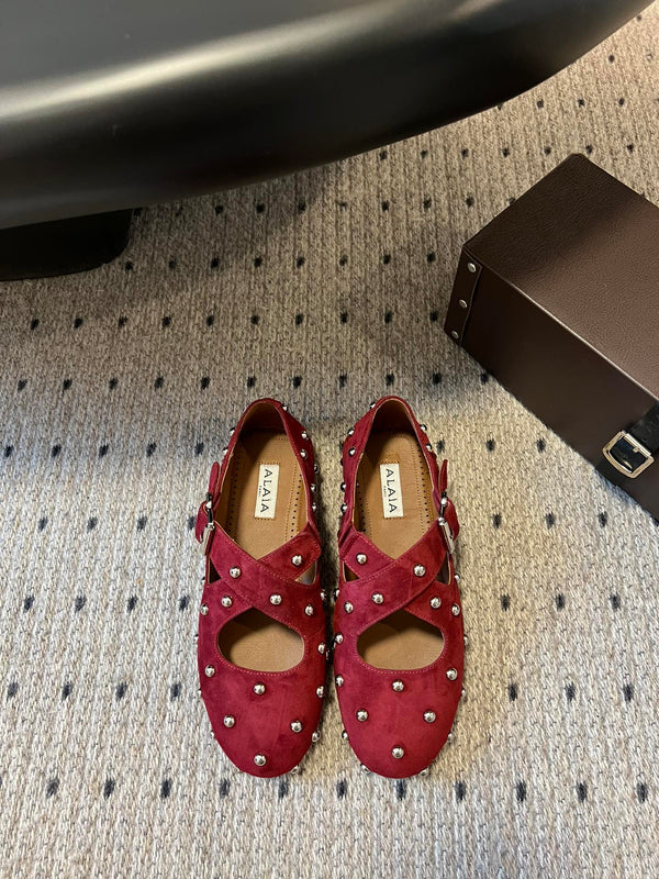 Alaia 25 Criss Cross With Stud Ballet Flats Ruby Red Suede Sheepskin 303690