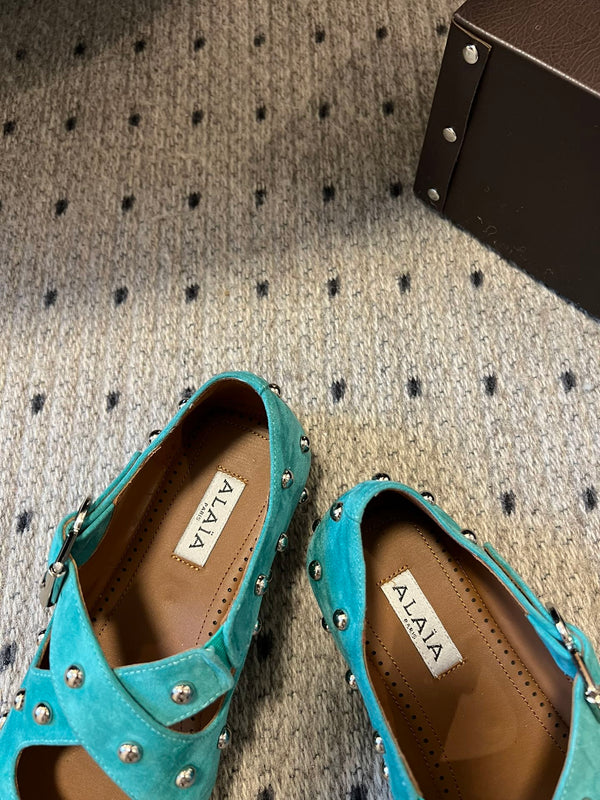 Alaia 25 Criss Cross With Stud Ballet Flats Lagoon Green Suede Sheepskin 303692