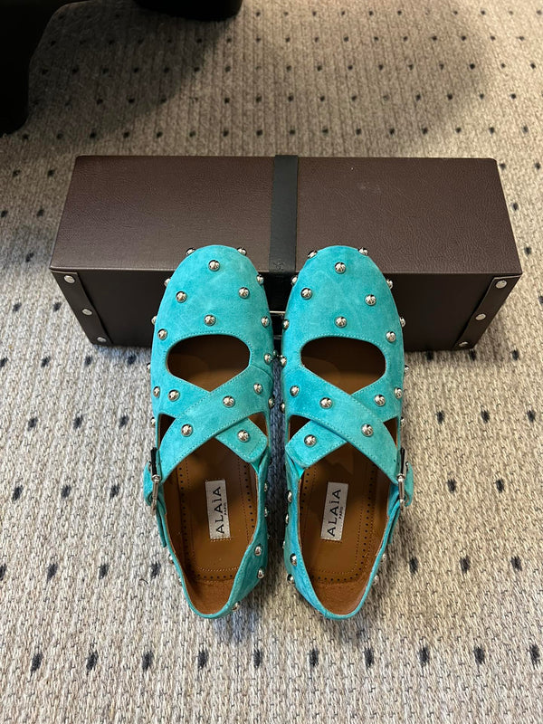 Alaia 25 Criss Cross With Stud Ballet Flats Lagoon Green Suede Sheepskin 303692