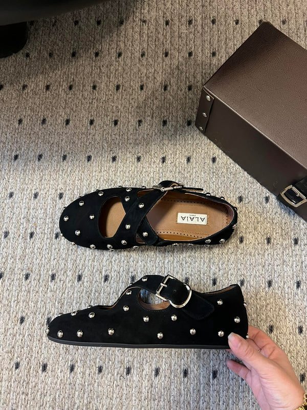 Alaia 25 Criss Cross With Stud Ballet Flats Black Suede Sheepskin 303693