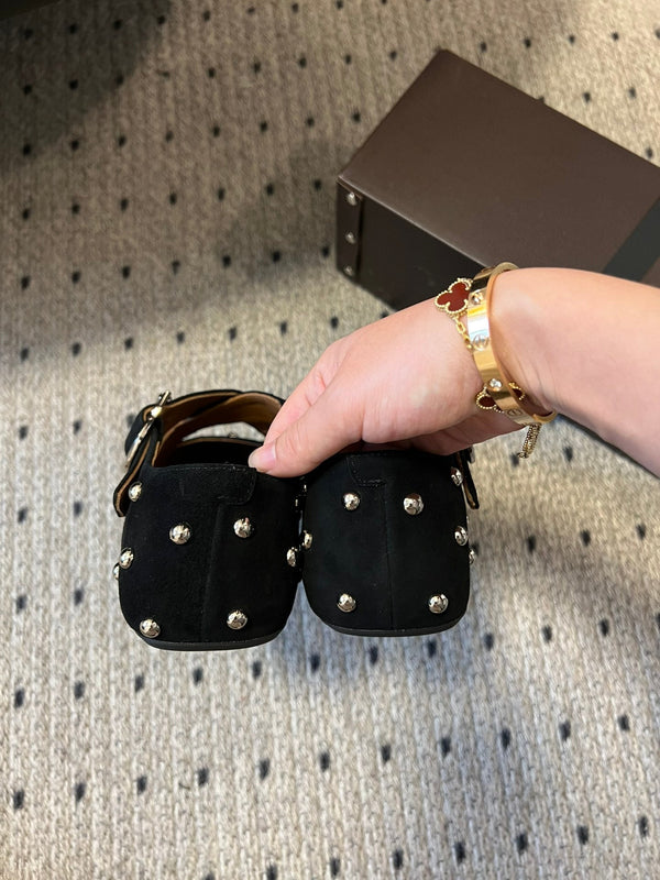 Alaia 25 Criss Cross With Stud Ballet Flats Black Suede Sheepskin 303693