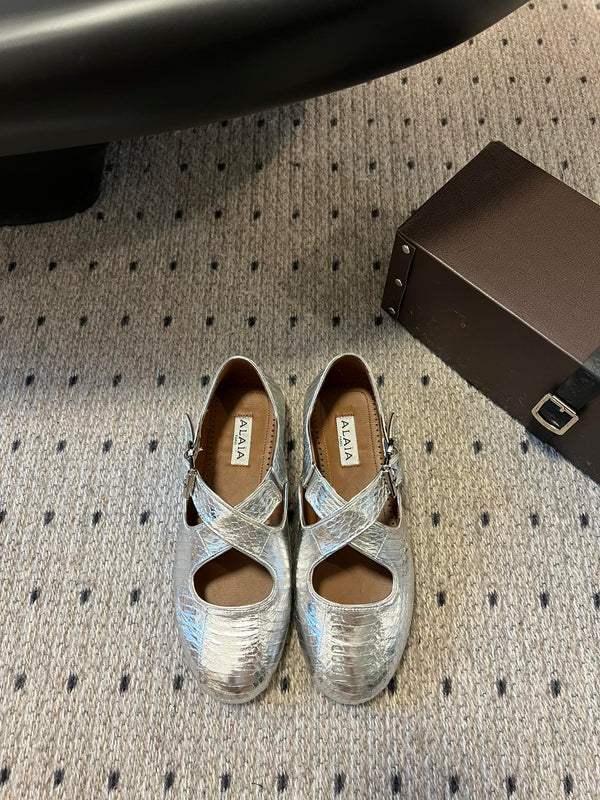 Alaia 25 Criss Cross With Stud Ballet Flats Silver Sheepskin 303696