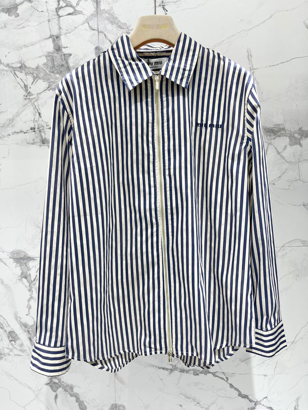 Miu Miu Striped Letter Embroidered Shirt Blue White Cotton