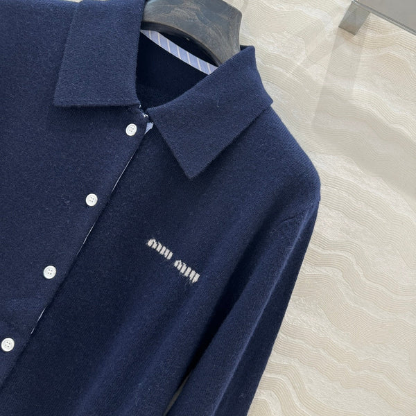 Miu Miu Polo Collar Cardigan Navy Blue Cashmere