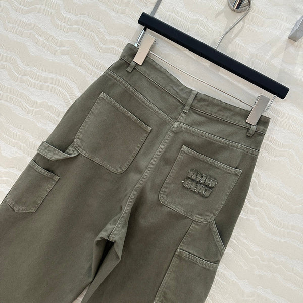 Miu Miu 25 Straight Pants Khaki Green Cotton