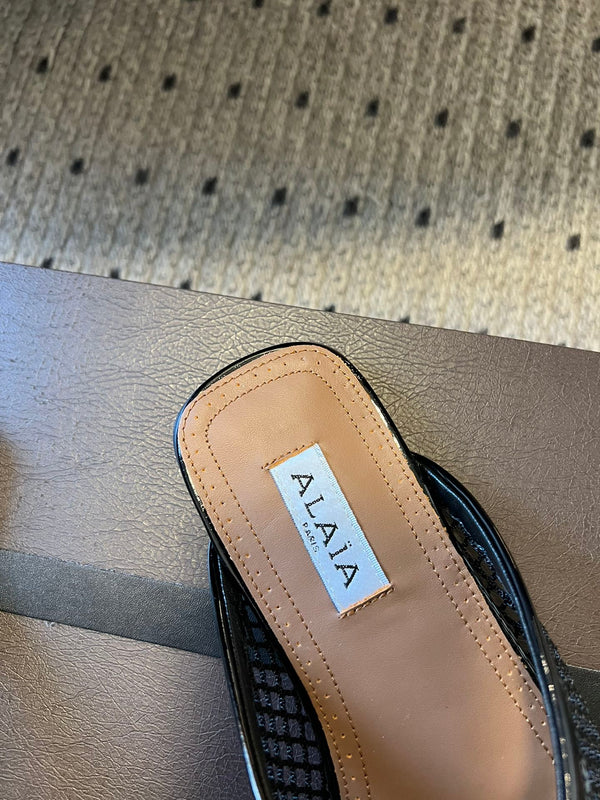Alaia 25 Fishnet Flat Mules Black Lampskin 303685