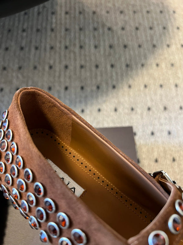 Alaia 25 Strass Ballet Flats Brown Suede Goatskin 303723