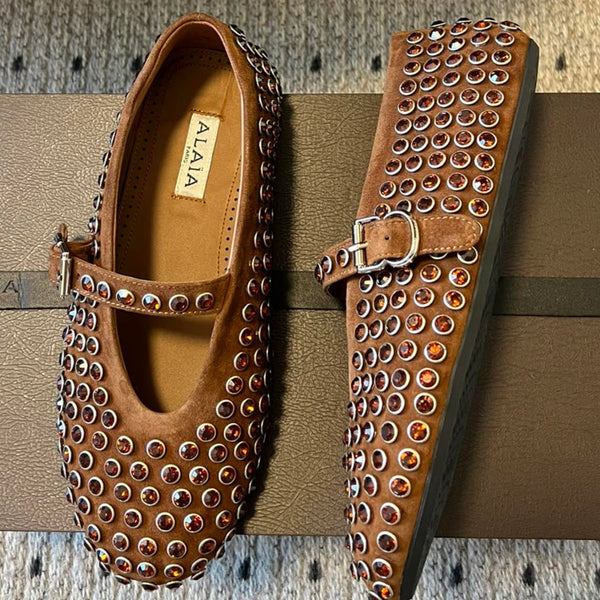Alaia 25 Strass Ballet Flats Brown Suede Goatskin 303723