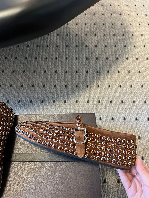 Alaia 25 Strass Ballet Flats Brown Suede Goatskin 303723