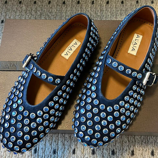 Alaia 25 Strass Ballerine in Pelle Scamosciata Blu Navy 303724