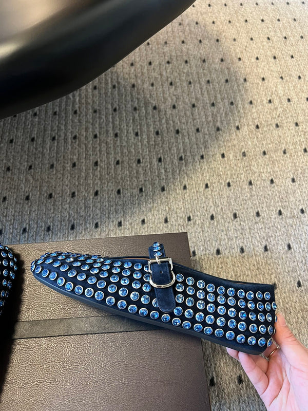 Alaia 25 Strass Ballerine in Pelle Scamosciata Blu Navy 303724