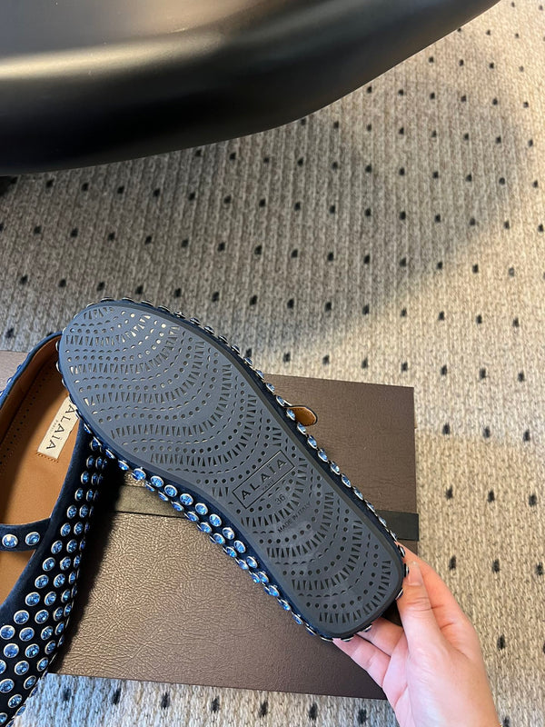 Alaia 25 Strass Ballerine in Pelle Scamosciata Blu Navy 303724