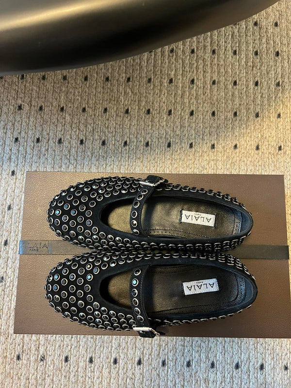 Alaia 25 Strass Ballet Flats Black Suede Goatskin 303726