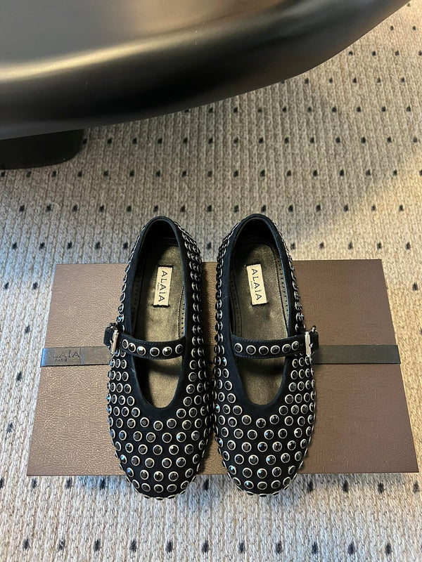 Alaia 25 Strass Ballet Flats Black Suede Goatskin 303726
