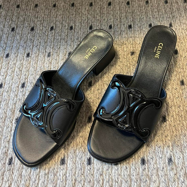 CLEMENCE MULE IN BLACK LAMBSKIN AND PATENT CALFSKIN