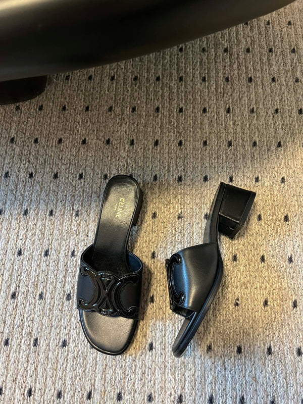 CLEMENCE MULE IN BLACK LAMBSKIN AND PATENT CALFSKIN