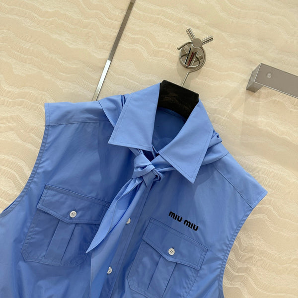 Miu Miu 25 Bow Tie Vest Shirt Blue Cotton