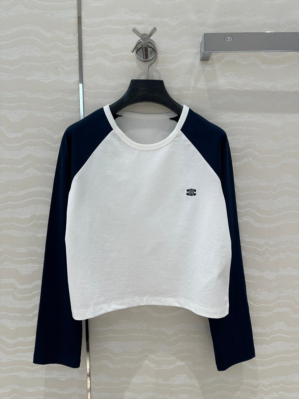 Celine Arc de Triomphe long-sleeved T-shirt Navy Blue mix White Cotton