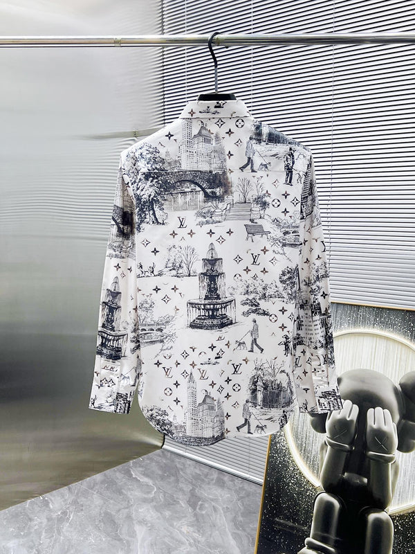 LV LONG-SLEEVED SHIRT WHITE COTTON ALLOVER MONOGRAM CITY WALK PRINT 238817